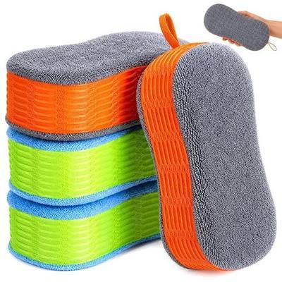 4 Pack Large Microfiber Car Wash Sponges, Cleaning Extra Thick Multi-Purpose Non Scratch Dual-Sided Scrub Pad Reusable Pad for Car, Trucks, Suvs, Boat, Bathroom, Kitchen(Green & Orange)