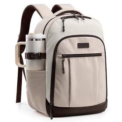 LOVEVOOK Laptop Backpack for Women, Waterproof Work Travel Backpack with Large Cup Pockets for Teacher Nurse, 15.6 inch Computer Bag College Bookbag Daypack, Gifts for Women, Light Pink-Beige-Brown