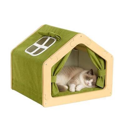 Cat Bed for Indoor Cats, Wooden Cat Tent with Soft Pad and Cooling Mat, Ideal Washable Cat House, 18.7x16.5x15.5 inches