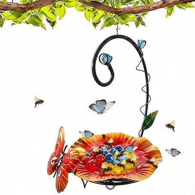 Tandefio Hanging Iron Bee Watering Station, 11.8 x 8.6 x 5.1 inches Garden Bee and Butterfly Bath Feeder Bowl for Pollinators, Outdoor Yard Garden Decor(Yellow)