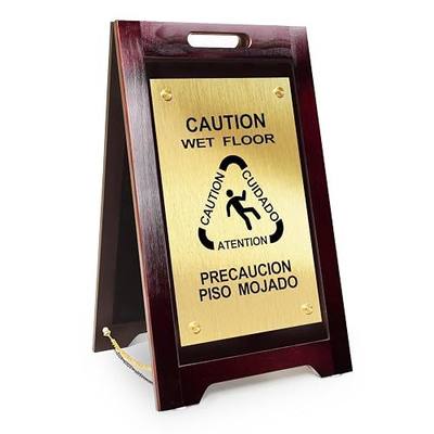 Foldable A-Frame Wet Floor Warning Sign, Double Sided Wooden & Metal Frame Safety Caution Board for Hotel Restroom School Office Indoor Outdoor Deck
