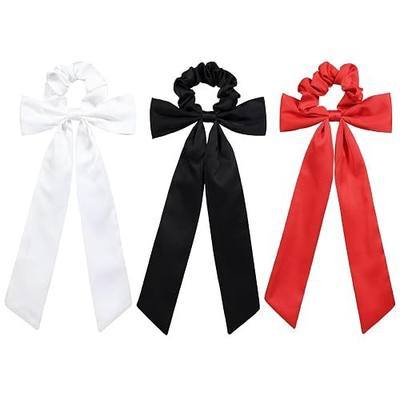 3Pack Mulberry Scarf Scrunchy with Long Tail Bow Silky Satin Knotted Bow Silk Scrunchies Ponytail Holders for Women Girls Valentine's Xmas Halloween Party Dress Accessories Gift (Red/Black/White)