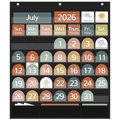 Boho Classroom Calendar Pocket Chart with 128 Cards for Learning-Black | Sturdy Material, Clear Pockets and Metal Grommets for Easy Hanging| Great for Students to Learn Time at School and Home