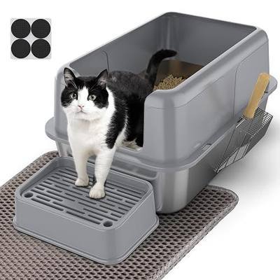 PKBD Stainless Steel Cat Litter Box with Lid, Grey | 304 Stainless Steel Extra Large Cat Litter Box, High Sides, Leakproof, Odor Resistant, Easy Clean,Litter Scoop & Mat Included