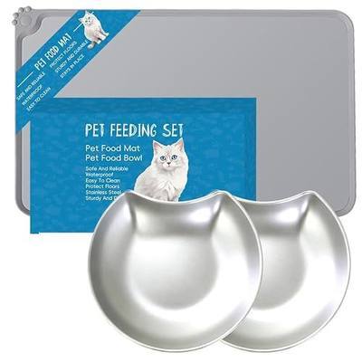 2 Pack Cat Ear Shallow Pet Bowls + 1 Silicone Mat, 304 Stainless Steel Food Grade, Anti-Whisker Fatigue, Wide Mouth, Dishwasher Safe, for Cats Puppies Small Pets
