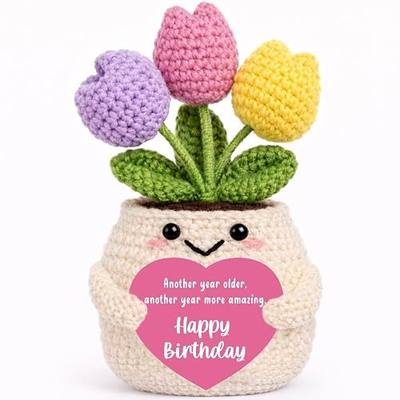 Birthday Gifts for Women Wife Girlfriend Bestie ldeas Unique Crochet Tulip Handmade Artificial Flowers with Birthday Card for Her Mom Daughter Aunt Sister Friends Gift