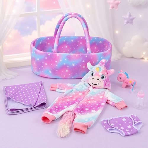 BABESIDE Baby Doll Accessories Set with Bassinet for 17–22 Inch Dolls | Starry unicorn outfit with blanket, bottle, doll diaper and pony toy for dress-up, feeding and bedtime pretend play ages 3+