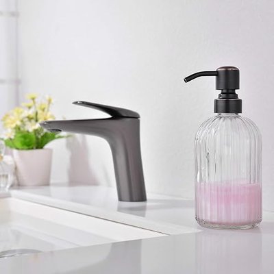 16 oz Glass Soap Dispenser,Premium Refillable Glass Hand Soap Dispensers,Rust-Proof Stainless Steel Pumps,Vertical Stripe Design,Ideal for Kitchen & Bathroom, Oil Rubbed Bronze