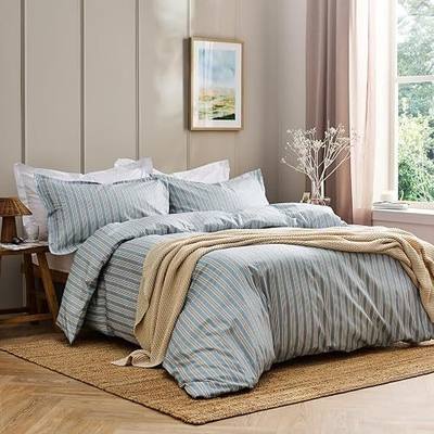 Christy Calder Stripe Queen Duvet Cover Set | 100% Cotton | Cool Crisp Cotton Percale | Heritage Inspired Variegated Stripes Design | Bedding Bundle | Blue and Brown