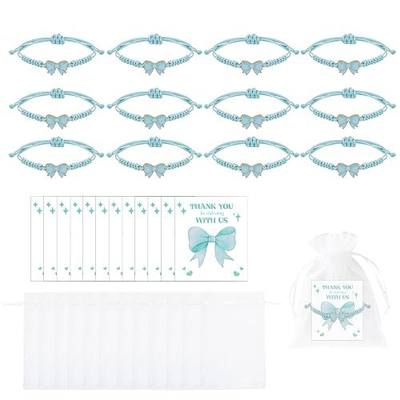 12 Sets Bow Bracelet,Braided String Friendship Jewelry Party Favors With Cards White Organza Bags, For Women Birthday Wedding Dance Team Gifts