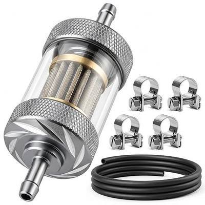 1/4" 8mm Inline Fuel Filter, Clear View, 304 Stainless Steel Mesh - 1 Pack | For Motorcycle, ATV, Dirt Bike, Small Gas Engines, Flow Direction Arrow, 4 Clamps Included