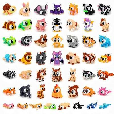 50PCS Mini 3D Printed Animals Figurines Set with Big Eyes,Fidget 3D Printed Animals Bulk with Flexible Articulated for Adults Home,Office,Party Supplies,Classroom Rewards & Desk Decor