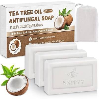 Antifungal Soap - Body & Face Wash for Acne, Folliculitis, Eczema, Body Odor, Jock Itch, Athletes Foot, Tinea Versicolor with Tea Tree Oil & Coconut (3Bars x 2.82 oz)