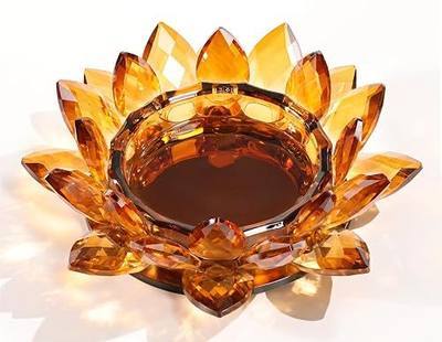 Crystal Lotus Candle Dish – Amber Decorative Tray for Candles & Diffusers | Housewarming Gifts New Home Room Decor, Flower Candle Holders for Pillar Candles, Jewelry Dish, Coffee Table Centerpiece