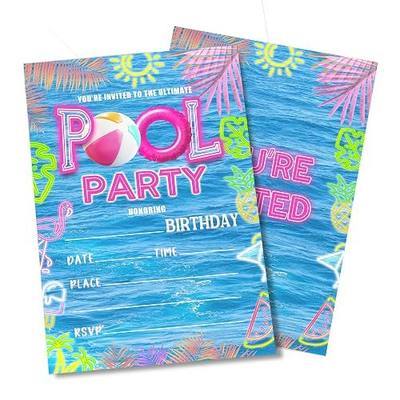 Ultimate Neon Pool Party Invitations with Envelopes, 20 Pack Summer Birthday Invites for Teens and Adults, Glow in the Dark Style Poolside Party Supplies - B06