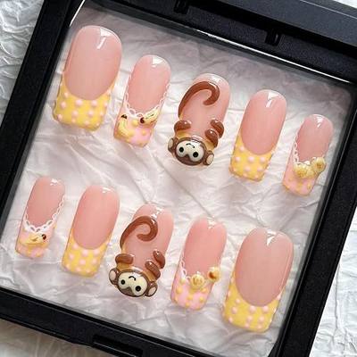 Maglfell Luxury Press on Nails - Cute Handemade Medium Square Fake Nails, 3D Almond French Stick On for Women, cartoon monkey design Acrylic press on nails(10 Pcs Size S)