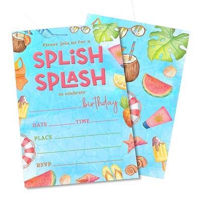 Splish Splash Pool Party Invitations for Kids, 20 Pack Summer Birthday Invites with Envelopes, Tropical Beach Party Supplies, Watercolor Pool Birthday Cards - B01