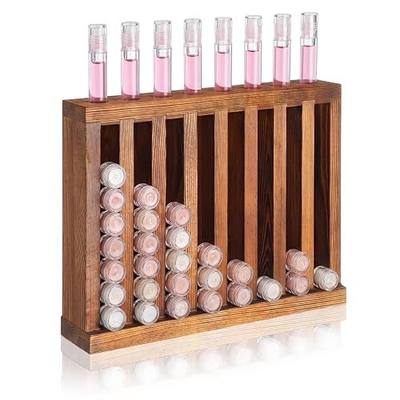 Wonderjune 1 Pcs 8 Slot Wooden Lipsticks Holder 0.7 inch Lip Balm Tube Holder Lip Gloss Organizer Display Wood Lipsticks Tube Tower Organizer for Market Craft Booth Room Display (Brown)