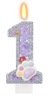 Purple Dog Cat Paw Number 1 Candle with Silver Glitter Edge, Pet Paw Cake Topper for 1st Birthday Party Decorations