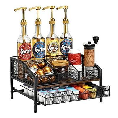Coffee Bar Organizer, 2-Tier Coffee Station Organizer, Wood Coffee Syrup Organizer Rack with 35K Cup Storage Basket, Countertop Bottle Holder Stand for Kitchen Cafe Station, Syrup