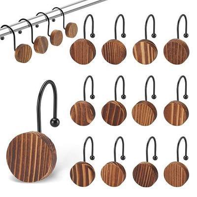 Wood Shower Curtain Hooks,Boho Shower Curtain Rings Decorative,Free Sliding Shower Hooks for Shower Curtain & Liners, Shower Curtain Hangers for Bathroom Shower Curtain Rods Curtains(Brown, 12)
