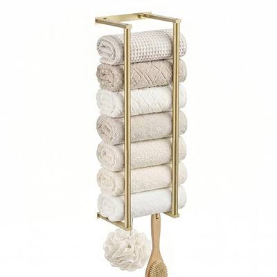 28" Towel Racks for Bathroom,Wall Mounted Towel Holder | Brushed Gold,SUS 304 Stainless Steel,with 2 Hooks,Holds Up 6 Large Rolled Towels,Vertical Bathroom Storage Organizer