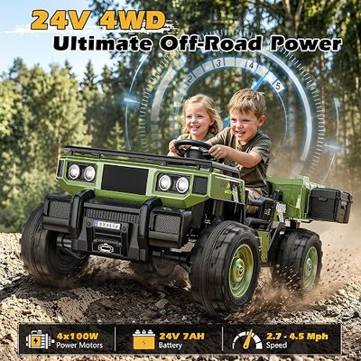 24V 2 Seater Ride On Dump Truck, 4x100W, w/Remote Control, 132 Lbs, Green | Electric dump bed, shovel, toolbox & cup holder, max 4.5Mph with 3-speed, bluetooth, LED headlights, ride on car for ages 3-8