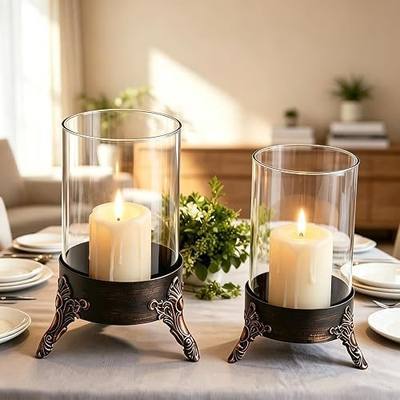 2-Pack Clear Glass Hurricane Pillar Candle Holders with Metal Base | Modern Classic Hurricane Candle Holder - Elegant Home Decor for Table Centerpiece, Glass Candle Cover with Vintage Charm