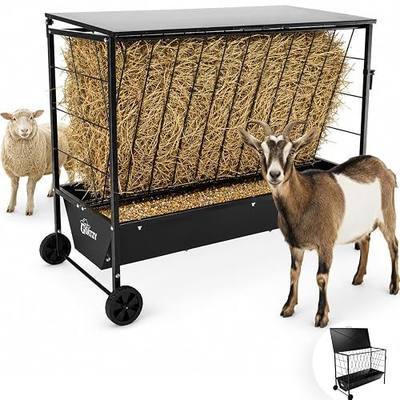 Large Hay Feeder for Goats with Roof, Wheels and Handles, Covered 2-in-1 Galvanized Steel Goat Hay Feeder Trough, 50 Gallon Rack and 20 Gallon Grain for Horse Sheep Cattle Alpacas Livestock