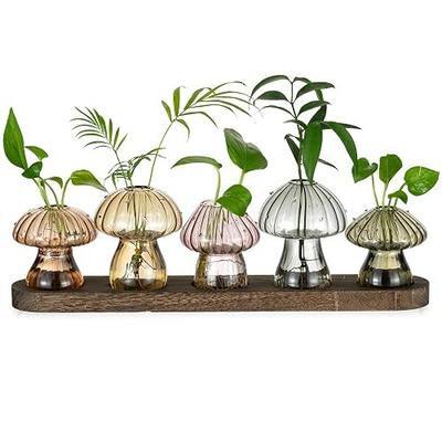 Hewory Glass Propagation Stations for Plant: Amber Mushroom Vases with Wooden Stand for Home Decor - Unique Propagation Vases for Plant Lovers - Set of 5 Hydroponic Mushroom Planters Gift for Mom