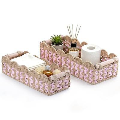 Handwoven Rattan Storage Basket Set with Pink Stripes & Wooden Handles, Decorative Organizer Baskets for Nursery, Shelf & Entryway, Natural Storage Bins (2-Pack: 14" & 11.8")