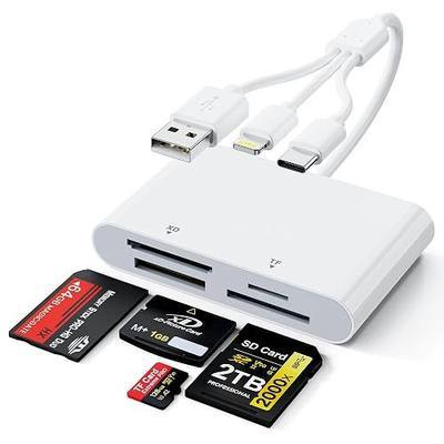 4-in-1 Multi Card Reader Memory Stick Pro Duo Adapter, SD/Micro SD/MS/XD Picture Card Reader with Lightning/USB-C/USB-A Port, Compatible with iPhone 16/15/14, iPad, MacBook, Android, Camera & PC