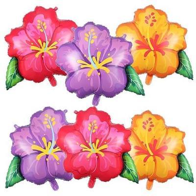 6PCS Hibiscus Flower Balloons- Aloha Balloons, Large Pink Purple Yellow Flower Foil Balloons for Summer Hawaiian Luau Birthday Beach Pool Party Decorations