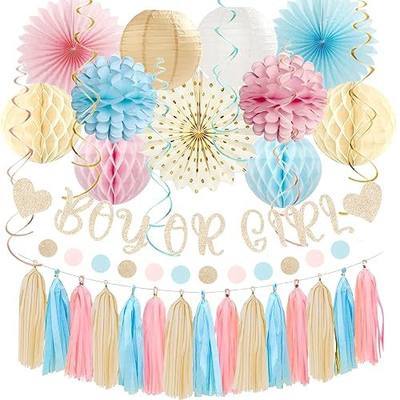 Light Pink Blue Gender-Reveal Party-Decorations - Champagne Boy Or Girl Banner, Apricot White Paper Lanterns Streamers Tissue Pom Poms Paper Tassel, Boho Baby Gender Reveal Party Fans Bear Theme Décor