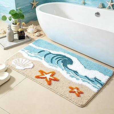 Beach Bathroom Rugs, Wave and Sand Seashell Pattern Bath Rug, Blue Ultra-thick Absorbent Mat, Funny Washable Coastal Shower Rugs for Bathroom Bathtub Entrance Decoration, 20x31 Inches (Coastal A)