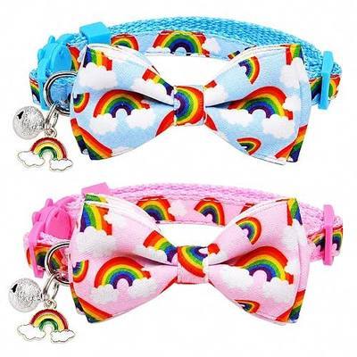 Rainbow Cat Collar 2 Pack with Removable Bow Tie, Breakaway Kitten Collars with Bell & Charm, Adjustable 7.8-12.8 in, Soft Summer Cat Bow Tie Collar