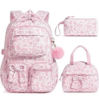 Fimibuke 3PCS Corduroy Backpack for School Girls with Lunch Box Pencil Case | Lightweight Teen Girls Bow backpack, Kids School Bag Bookbag for Elementary Middle High School Supplies Laptop Travel Daypack