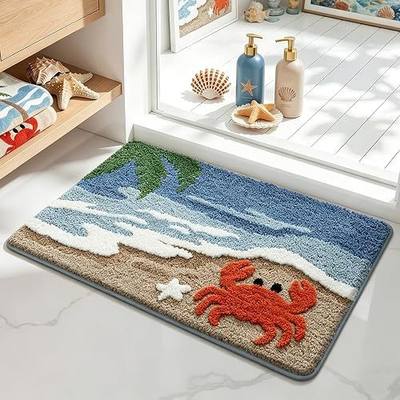 Beach Bathroom Rugs, Blue Coastal Crab Design Bath Rug, Soft Ultra-Thick Absorbent Mat, Funny Washable Coastal Shower Rugs for Bathroom Bathtub Entrance Decoration, 20x31 Inches (Crab)