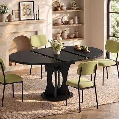 iPormis 43-59" Round Dining Table Set for 4, 5-Piece Kitchen Table & Chairs Set for 4, Extendable Dining Room Circle Table with 4 Upholstered Chairs for Small Space, Black Table + 4 Green Chairs