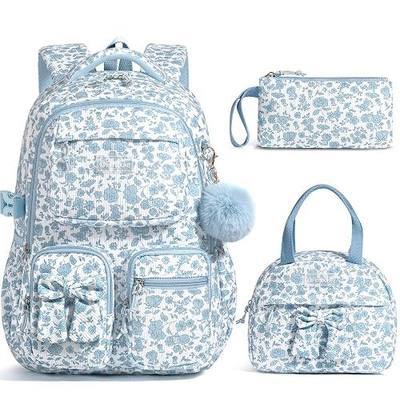 Fimibuke 3PCS Corduroy Backpack for School Girls with Lunch Box Pencil Case | Lightweight Teen Girls Bow backpack, Kids School Bag Bookbag for Elementary Middle High School Supplies Laptop Travel Daypack