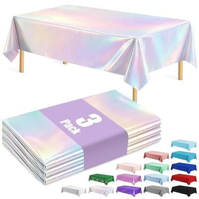 3 Pack Iridescent Plastic Tablecloth Rectangle Shiny Disposable Laser Rectangle Table Covers Leakproof for Parties, Picnic, Camping, Birthday Party Supplies Decorations