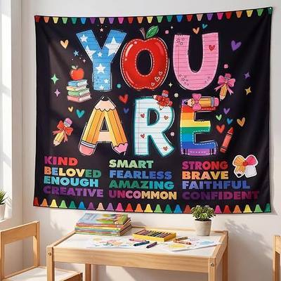 Batiyeer 50x60 Inch Classroom Tapestry, Back to School Positive Affirmation Wall Hanging Decor, You are Kind Brave Smart Inspirational Quotes Decor for Classroom Homeschool Playroom(Rainbow,Black)