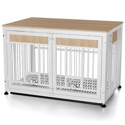 48" Dog Crate Furniture, Heavy Duty Dog Kennel Indoor, Side Table Dog cage | Chew Resistant Metal Cage with 2 Feeder Bowls, with Bottom Tray, Dogs Crate For Large Medium Dog, Decorate House As Tv Stand