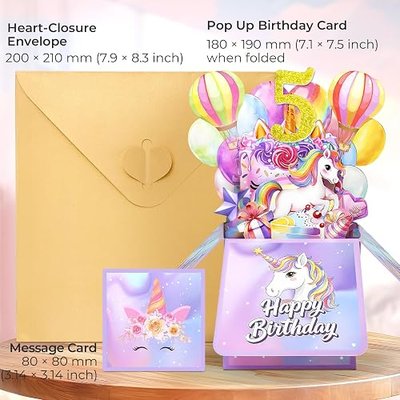 Birthday Card 5 Year Old Girl, Unicorn 3D Pop Up 5th Birthday Card for Daughter Granddaughter Niece, 5th Birthday Gifts for Girls, Happy Birthday Card with Unicorn