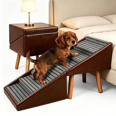 Luxury Dog Stairs for Small Dogs, Non-Slip Dog Ramp for Bed & Couch, Foldable 2-in-1 Pet Ramp & Ottoman with Solid Wood Frame, Pet Stairs & Steps for Puppy (Brown)