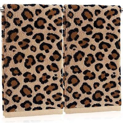 Whaline 2 Pcs Leopard Print Hand Towels Jacquard Cotton Bathroom Towel Brown Safari Animal Decorative Absorbent Bath Towel for Kitchen Dish Drying Cleaning Cooking, 13.8 x 29.5 Inch