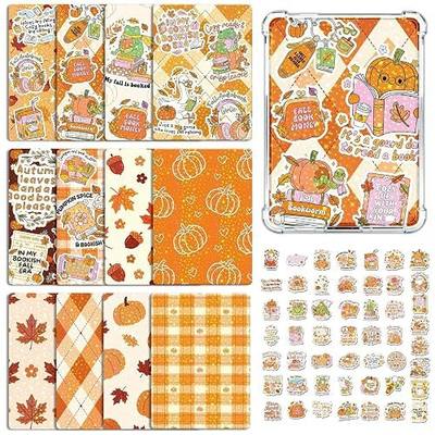 Rngmsi Insert Cardstock for Clear Case - 12Pcs Fall Reading Theme Cardstock Inserts Compatible with Kindle, 50Pcs Autumn Pumpkin Animals Stickers for E Reader Clear Back Cover, Bookish Gifts for Women