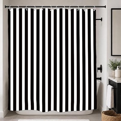 Black White Striped Modern Vertical Stripe Art Bathroom Shower Curtain Set | 72"W x 72"H Abstract Geometric Classic Timeless; waterproof HD print, quick-dry fabric with 12 hooks for easy hanging.