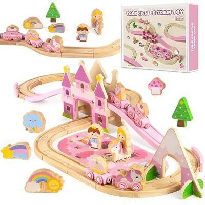 Wooden Train Set for Toddlers 3-5, 40PCS Pink Princess Castle Wooden Train Track Set with Fairies, Girl Toys Age 3-6 Birthday Gift for 3 4 5 Year Old Girls