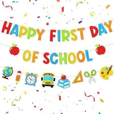 First Day of School Banner Pre-Strung Glitter Back to School Party Decorations for Home Classroom Office Party Supplies